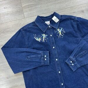 VTG Disney Store Large Tinkerbell Shirt Long Sleeve Denim Buttons Embroidered